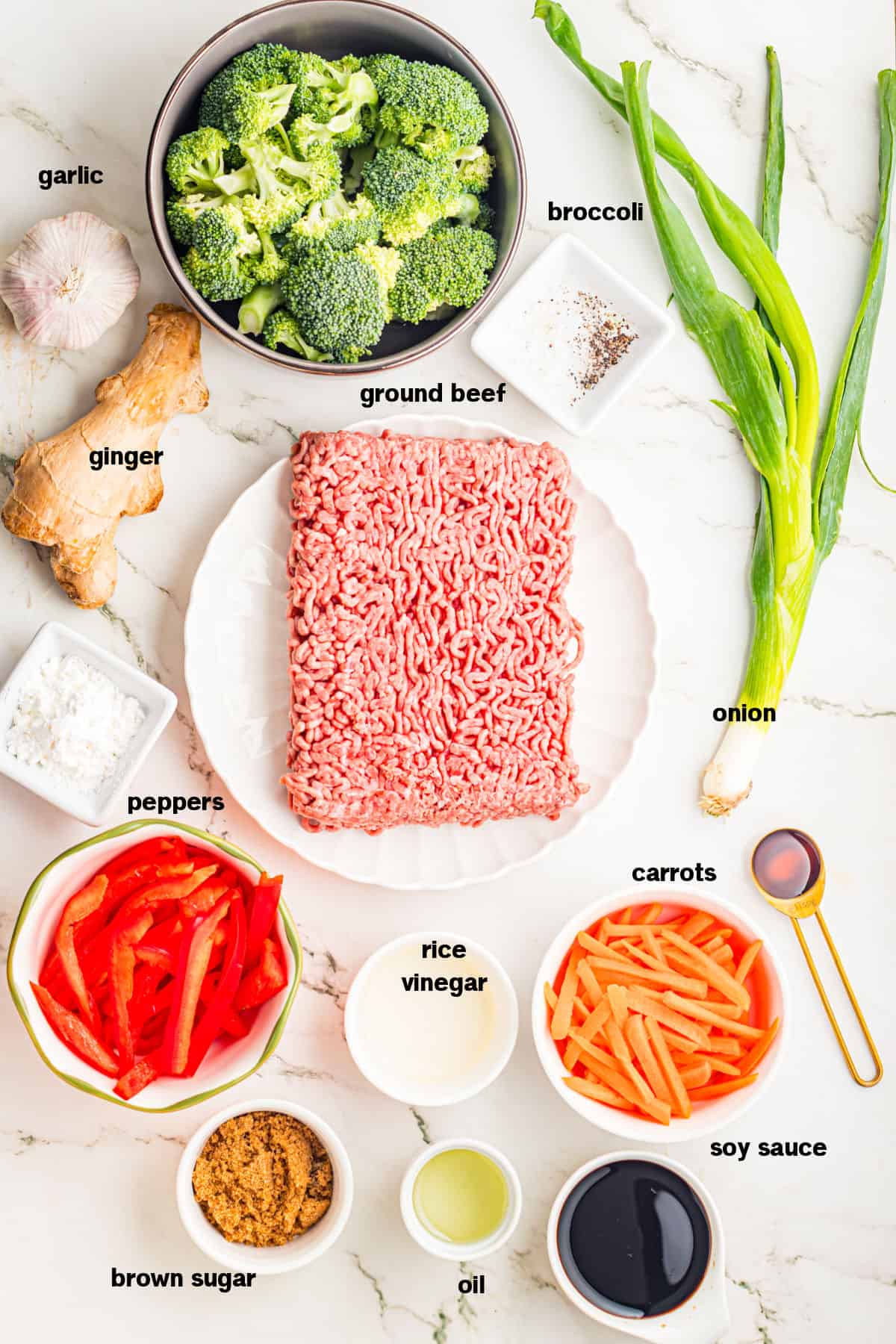 Ground Beef Stir Fry Ingredients on counter.