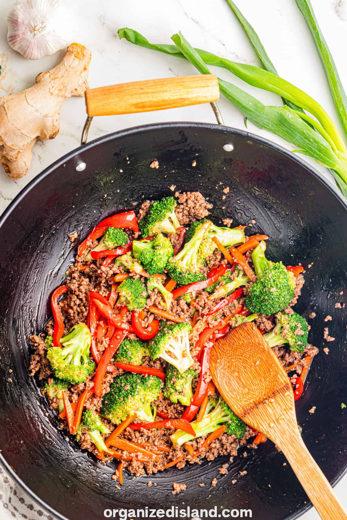 Ground Beef Stir Fry in skillet.