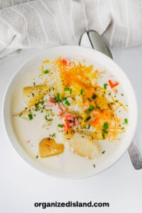Easy Slow Cooker Ham and Potato Soup Recipe - bowl of soup from above.