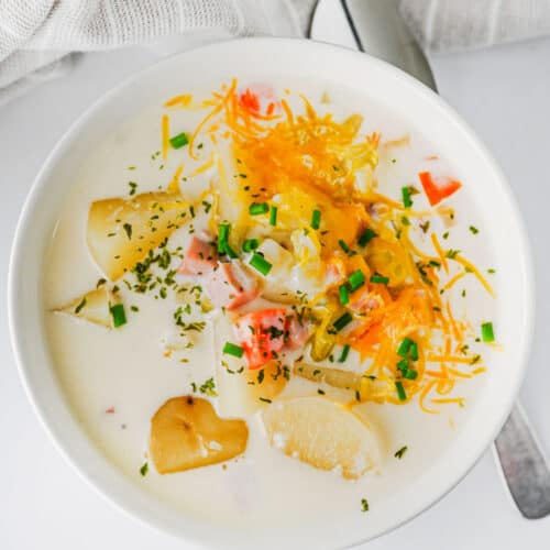 Easy Slow Cooker Ham and Potato Soup Recipe - bowl of soup from above.
