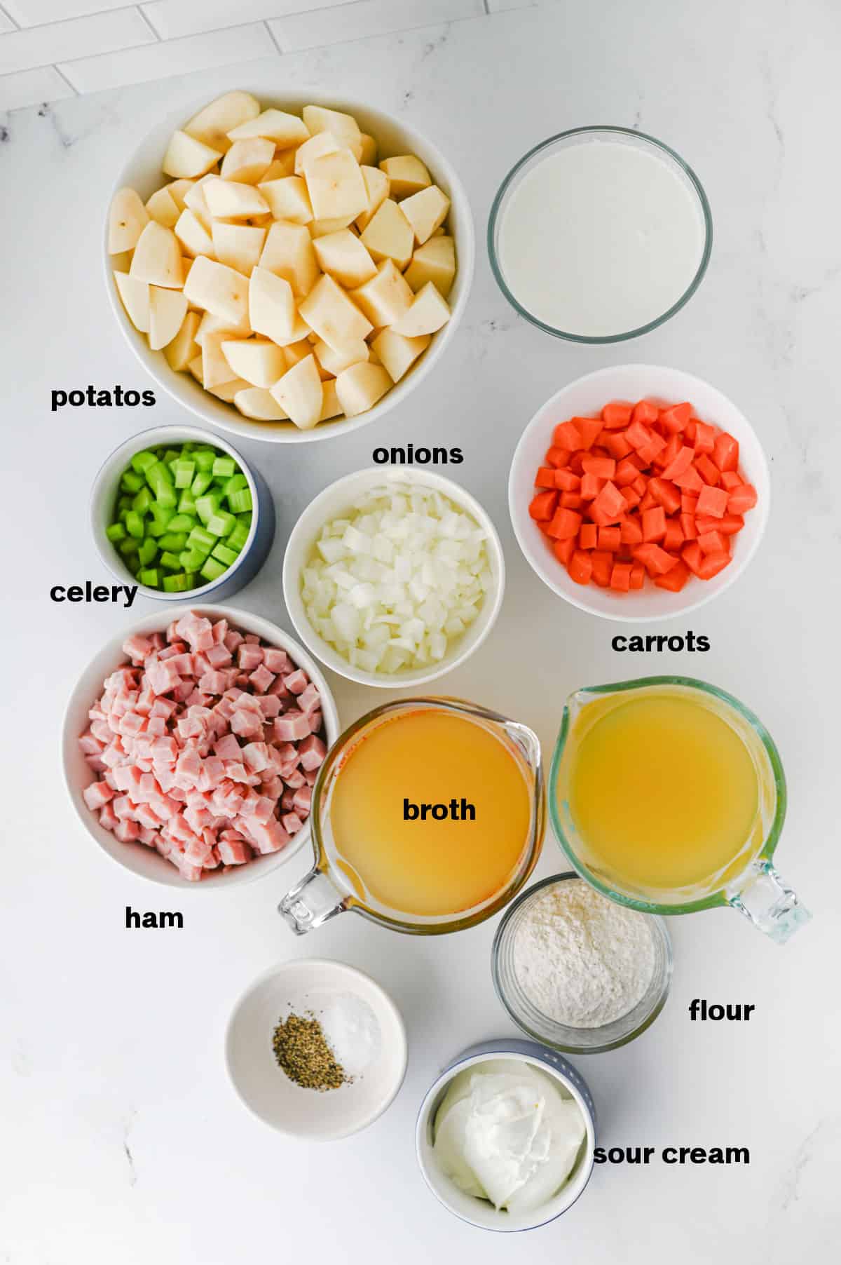 Slow Cooker Ham and Potato Soup Ingredients on counter.