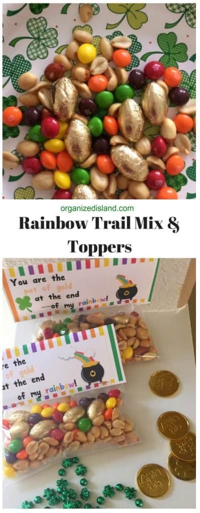 This rainbow trail mix recipe is so easy and grab your free printable toppers for treat bags!