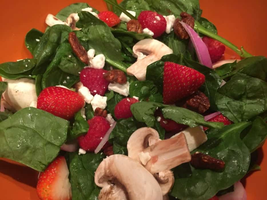 When you want a light salad, this Spinach Strawberry Feta Salad is great spring or summer salad! WIth mushrooms and candied pecans, it is sweet and tangy!