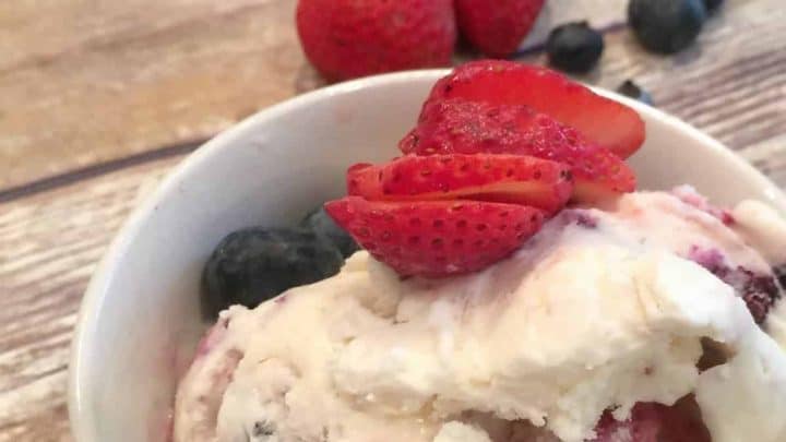 Made with fresh strawberries and blueberries, this no churn ice cream recipe is really simple to make and tastes delicious! Perfect for a 4th of July dessert!