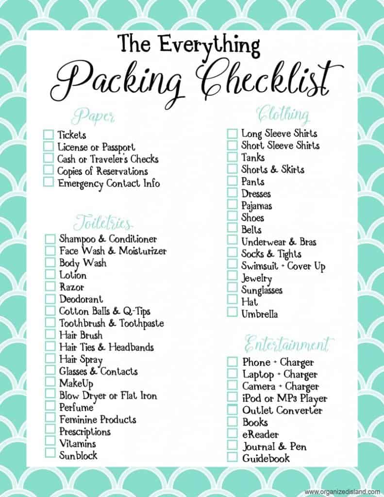 printable packing list for women