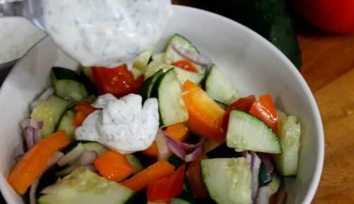 Quick and easy Cucumber Tomato Salad with creamy dill dressing recipe