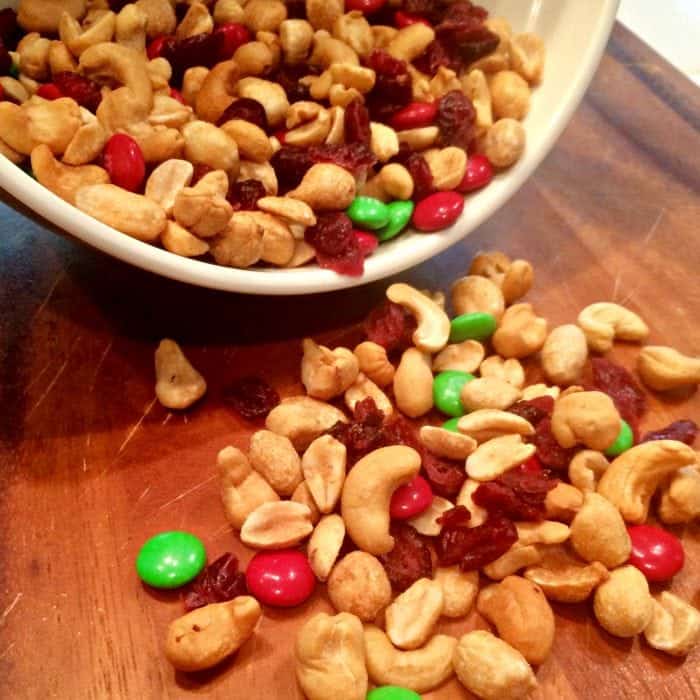 Holiday trail mix in bowl.