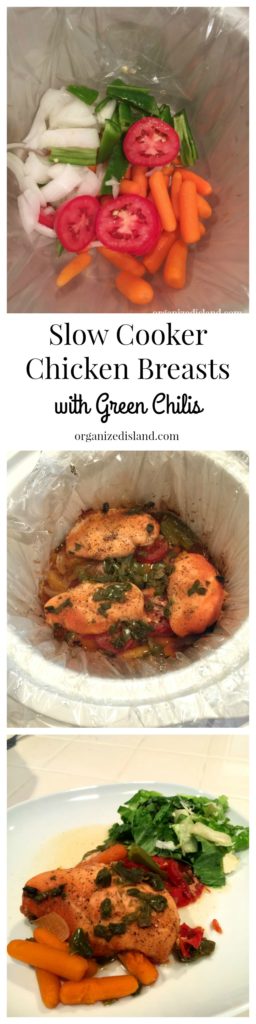 This slow cooker chicken recipe makes chicken breasts and vegetables with green chilis makes for a tasty dinner idea.